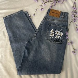 MIU MIU Floral Hand Painted Straight Leg Jeans in Blue 36